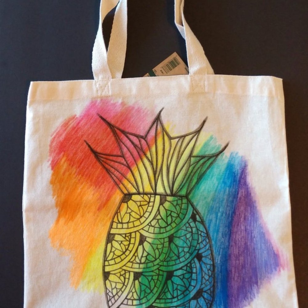 Handmade Reusable Tote Bag With Hand Painted Rainbow Pineapple Artwork 15x16x4 - Picture 12 of 16